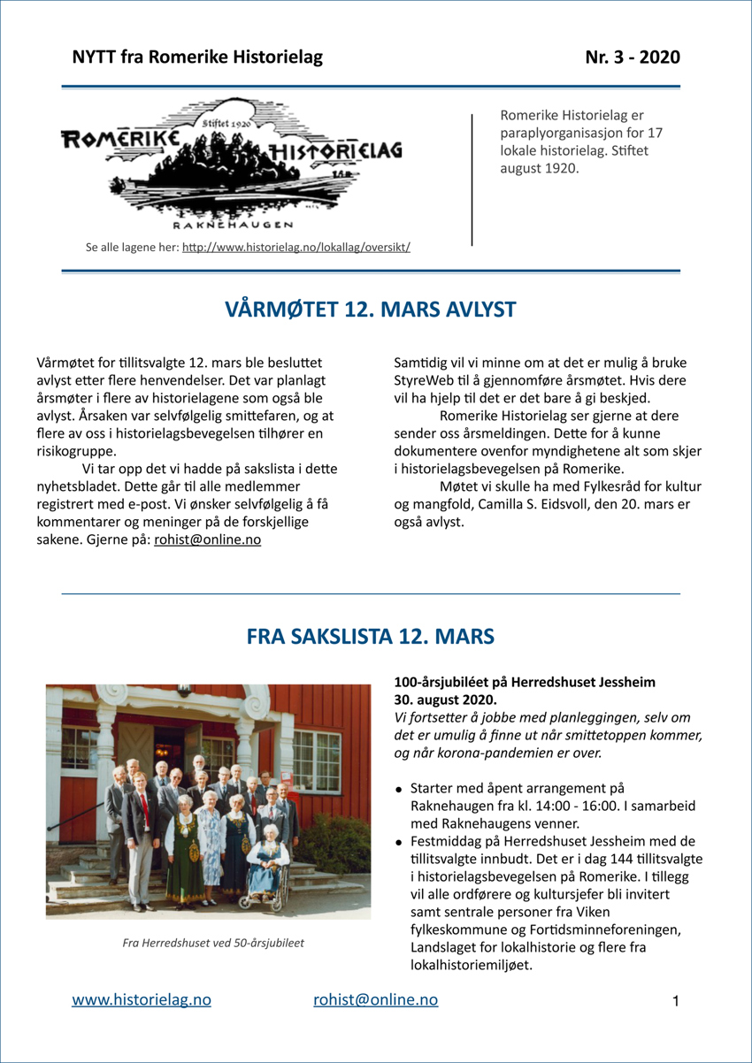 «NYTT fra Romerike Historielag» nr. 3 – 2020