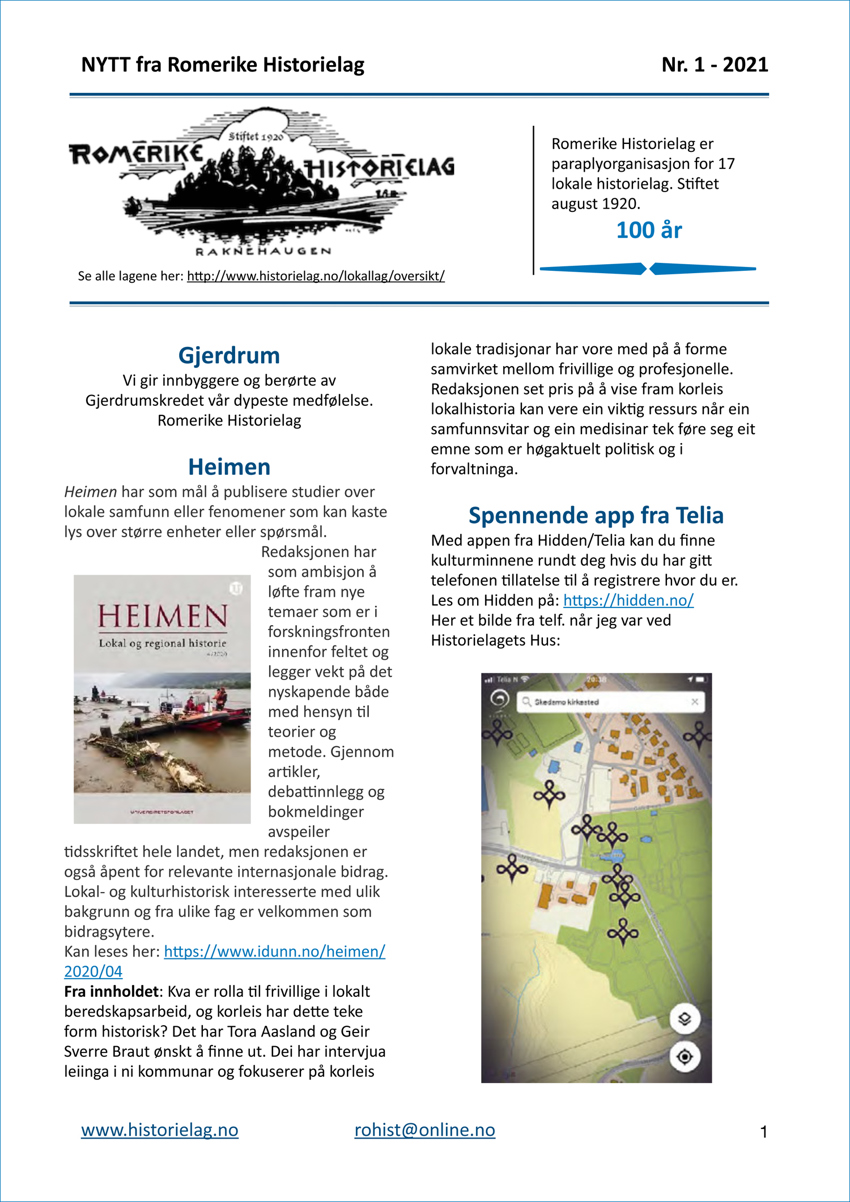 «NYTT fra Romerike Historielag» nr. 1 – 2021