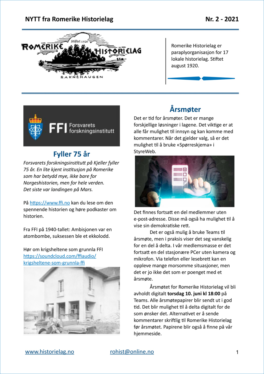 «NYTT fra Romerike Historielag» nr. 2 – 2021
