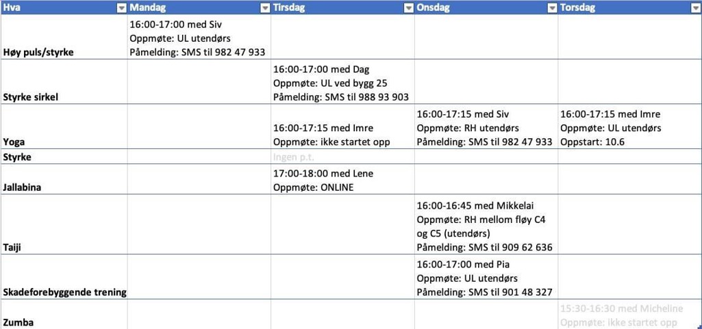 Oppdatert ukekalender over instruktørtimer