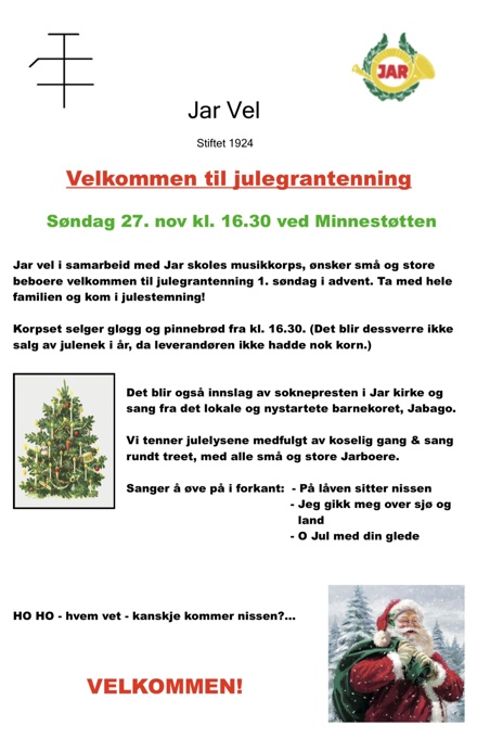 Velkommen til julegrantenning ved Minnestøtten 27/11-22
