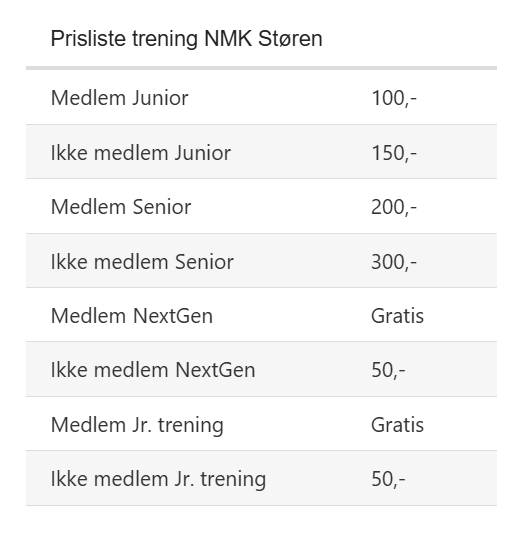 Prisliste trening