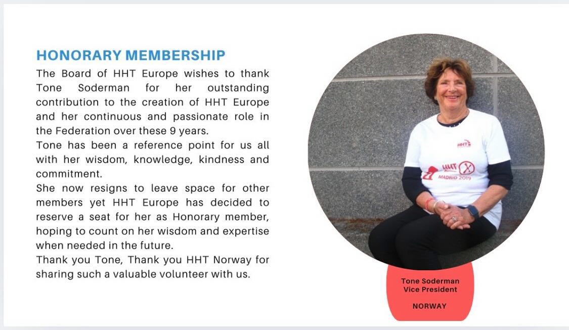 Tone Søderman, nå æresmedlem i HHT-Europa