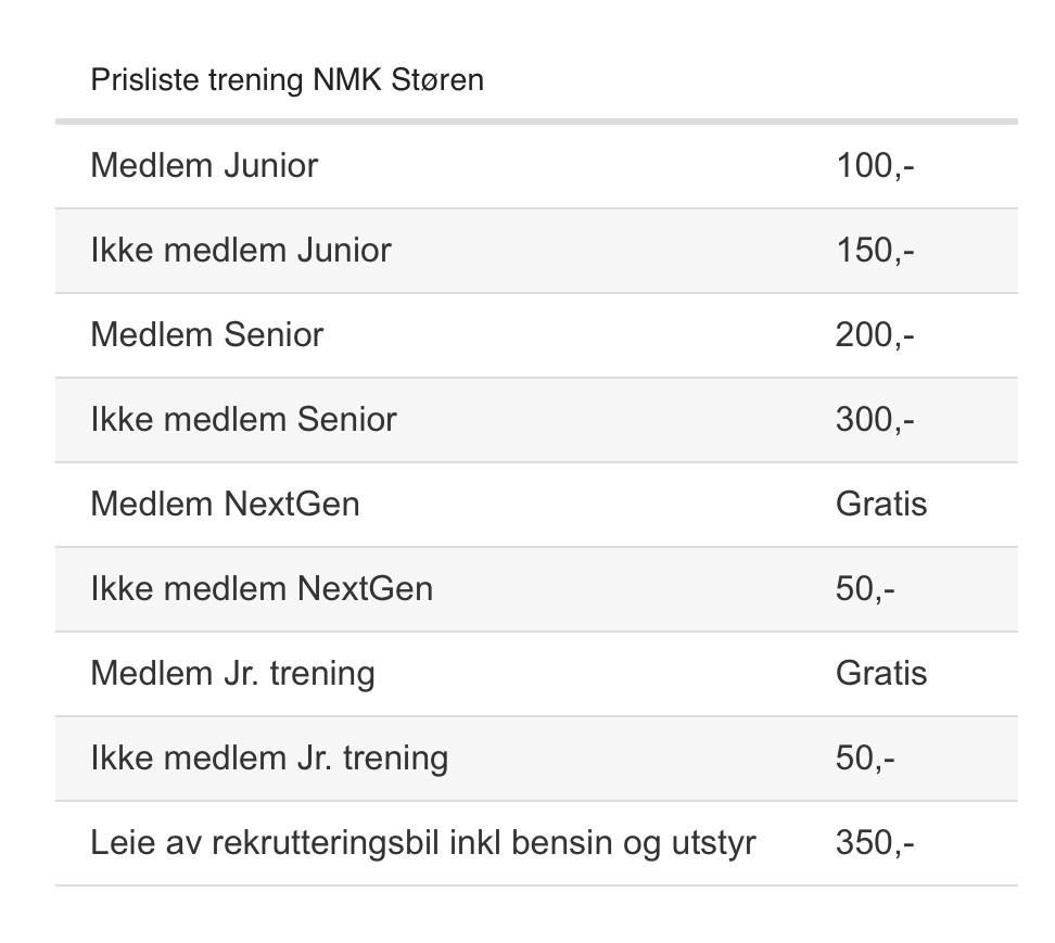 Prisliste trening