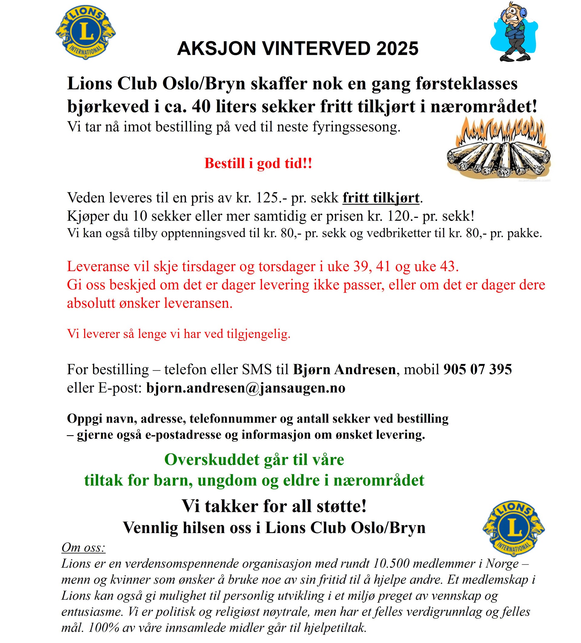 Lions Club Oslo/Bryn selger bjørkeved