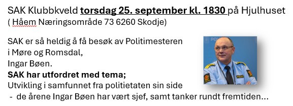 Klubbkveld SAK 25.september kl 1830 Hjulhuset 