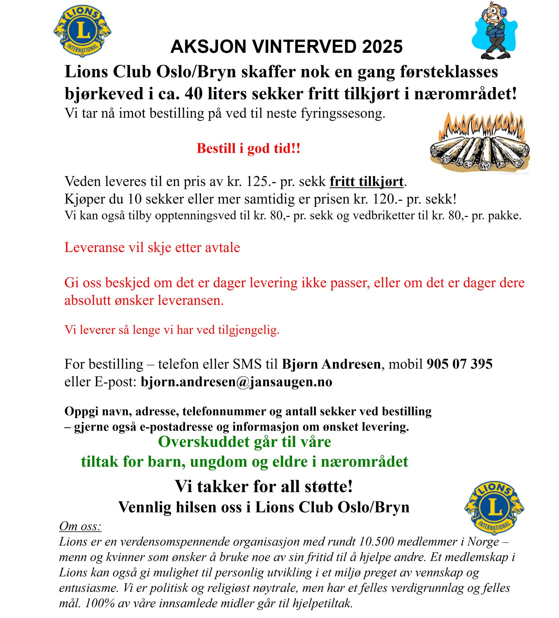 Lions Club Oslo/Bryn selger bjørkeved