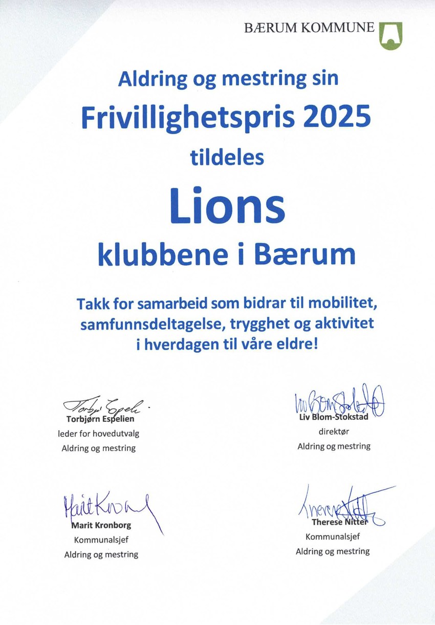 Frivillighetspris til Lionsklubbene i Bærum