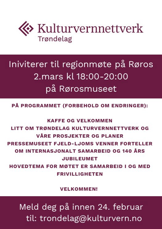 Kulturvernnettverk - møte på Røros 2.mars 2026