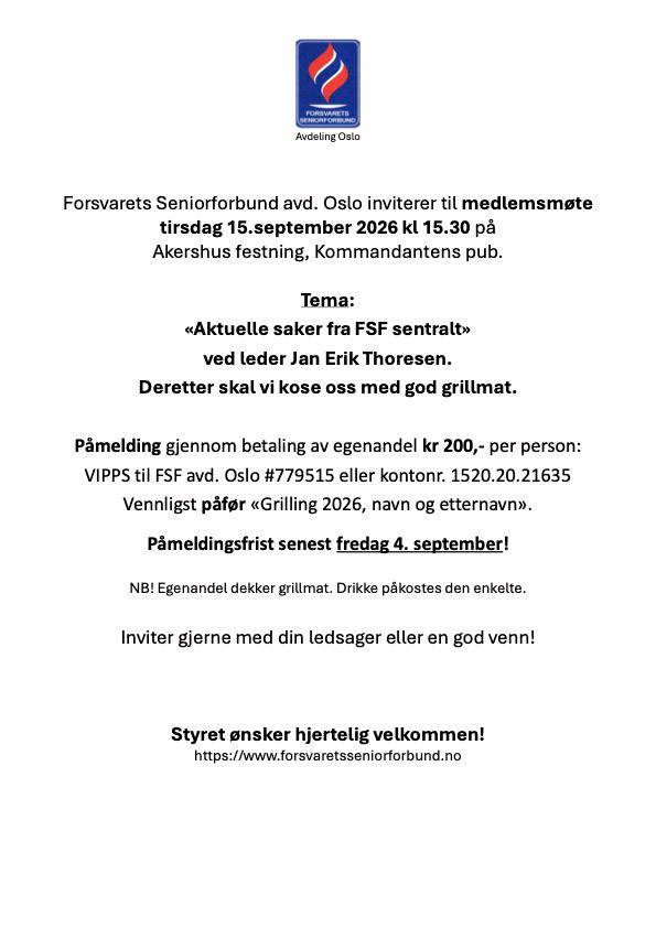 Invitasjon medlemsmøte med grilling 15 sept 2026