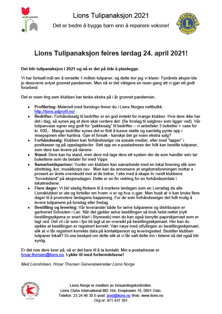 Informasjon om Lions Tulipan aksjon 2021