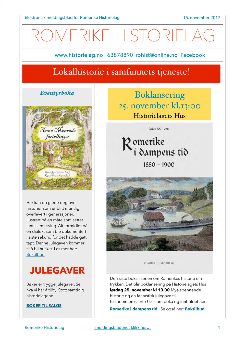 Romerike Historielags meldingsblad - nov. 2017