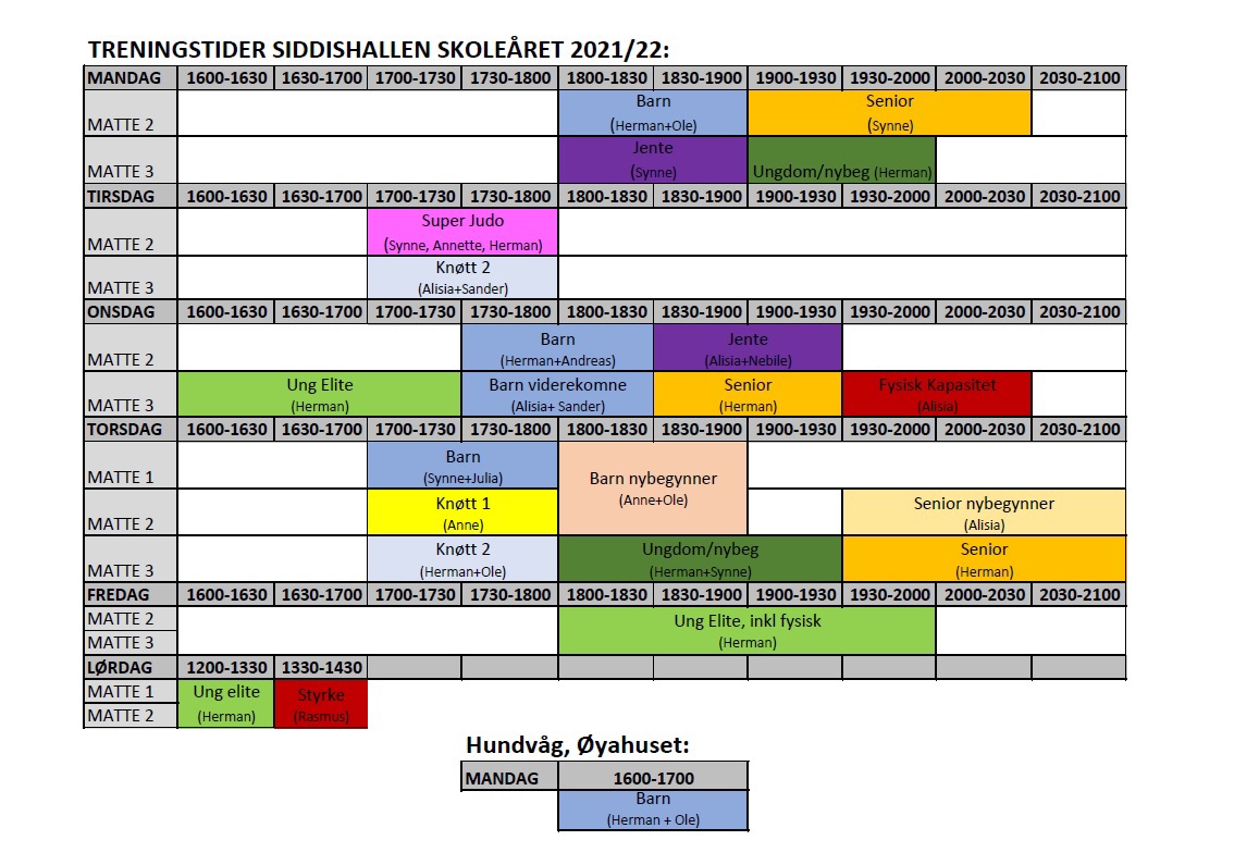Treningstider Siddishallen skoleåret 2021-22 Stava
