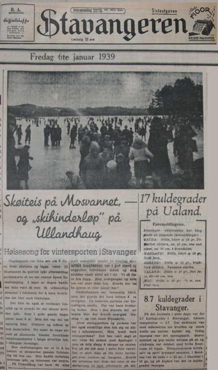 Bilder av avisartikler fra den gang det var snø, skøyteis og hopprenn i Sørmarka U-HA bakken, Ullandhaugbakken.
