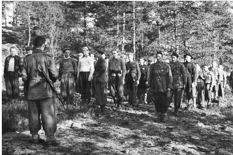 Troppssjef Bjørn Hemsen, med ryggen til, har stilt opp Ski 3. tropp i Mosquito-leieren tidlig på morgen 8. mai 1945. Leirsjef og lagfører Trygve Syversen står fremst i rekken til høyre i bildet. Bildet henger til vanlig i Hjemmefrontmuséet. 