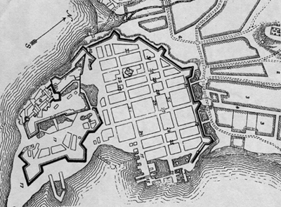 Kart over Christiania fra Christian IVs tid med Kvadraturen innenfor festningsvollene.