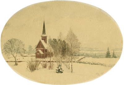 Aurskog gamle kirke, tegnet jula 1877 av Didrik Chr. Sommerschield Schønheyder.